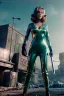 Placeholder: retro sci-fi press image, supermarket explosions from 1960, sweet young Jane Fonda, tight latex suit, weapon, fighting stance, soft color, highly detailed, unreal engine 5, ray tracing, RTX, lumen lighting, ultra detail, volumetric lighting, 3d, finely drawn, high definition, high resolution.