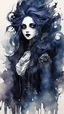 Placeholder: an deeply abstract ink wash and watercolor illustration of a Goth vampire girl with highly detailed hair and facial features , in the abstract expressionist style, indigo and jasper, ragged and torn Victorian costumes, hard , gritty, and edgy depictions, full body, fullshot, vibrant forms, Shironuri, Mori Kei, ethereal, otherworldly