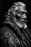 Placeholder: a photo of an Maori man with ethnic jewelry, grey hair and grey flowing robe, in style of Annie Leibovitz, contemporary portrait of a mature yet beautiful and modernist man, black and grey, detailed masculine face, swirling fluid smokey enigma, award-winning artwork