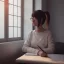 Placeholder: female student studying by the window, anime style, unreal engine 5, cinema4d, sun light, studio lighting --ar 1:1 --v 4