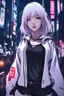 Placeholder: 1girl,(8k, RAW photo, best quality, masterpiece:1.3),(realistic,photo-realistic:1.37),(night),(looking at viewer:1.331),(white hair),posing,Tokyo street,nightcityscape, , cyberpunk city,soft light,1girl,extremely beautiful face,bust,put down hands,Random hairstyle,Random expression,big eyes, ,lower abdomen,(short-sleeved JK_shirt),JK_style,(dark blue JK_skirt) ,(bow JK_tie),,mix4, an extremely delicate and beautiful girl, depth of field, blurry background, blurry foreground,, delicate, beautifu