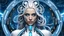 Placeholder: stands An android-mutant woman with long white-blue swirlings hair, a biomechanical mutant with sky-blue eyes, white shiny robot body with some blue led, she name the AI-Medusa. The woman with like snakes of hair, the wirling with blue-white hair, she stands in the futuristic office, stunning, mystic and sci-fi mix creature, high detalied, sharp focus, perfect beauty, professional photo