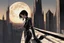 Placeholder: A slim Woman With Black shoulder length hair, Wearing an android-looking suit, standing sideways On a ledge of a building, with a moon Behind Her Head, towering spires and buildings highlighted by the setting sun