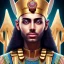 Placeholder: 3D close-up of a beautiful Egyptian pharaonic king, sarcastic smile, high contrast, glowing backlighting, blue and red backlighting, vibrant hair, dark brown eyes, sharp focus, high makeup, face painting, background blur.