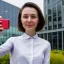 Placeholder: A short haired, female software engineer taking a selfie in front of Building 92 at Microsoft