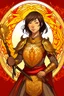 Placeholder: an anime drawing of a 40 year old thai woman. dark brown hair in a bob cut. she is wearing an armour over a beautiful thai gown. she has a sun themeing. and the color scheme is red and yellow. she is holding a shield and a sword