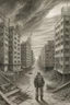 Placeholder: In a war-torn cityscape, captured in a time-lapse sequence, the ever-changing turmoil unfolds before our eyes. The scenes, rendered in high-definition photography or hyperrealistic graphite pencil drawings, evoke a sense of nostalgia with the use of Kodak Gold 200 film. Amidst the chaos, a lone figure stands as a symbol of resilience, portrayed in a retro vintage style reminiscent of artists Egon Schiele, Gustave Doré, and David Mann. The depth of field narrows, drawing our focus to the figure,