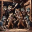 Placeholder: A group of anthropomorphic wolves react in surprise as one large hammer flies in the air against the wall of the wooden building. in the background other anthropomorphic wolves watch the scene unfold with expressions of shock and with surprise faces. one young anthropomorphic wolf in bodyhair stands in the foreground held up empty two paws, high realistic, detailed,dark fantasy mood, rain, cinematic
