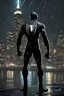 Placeholder: Spiderman in black suit in a rainy night looking at the city