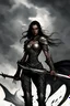 Placeholder: SA female elf with skin the color of storm clouds, deep grey, stands ready for battle. Her long black hair flows behind her like a shadow, while her eyes gleam with a fierce silver light. Despite the grim set of her mouth, there's a undeniable beauty in her fierce countenance. She's been in a fight, evidenced by the ragged state of her leather armor and the red cape that's seen better days, edges frayed and torn. In her hands, she grips two daggers, add dark shadow mystic purple flames