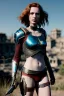 Placeholder: ultrarealistic, ruined city,__skimpy sci-fi armor__, __angles__, 18 year old woman, strikingly beautiful,ginger hair, _colour_, [__starlets__|__starlets__], (pale __skincolor__ skin:1.2), __camera__, _hair_, detailed face and eyes, medium breasts, leather choker, freckles, dynamic pose, resolved expression, __accessory__, strappy outfit, (straps:1.1), sword in scabard on left hip, (buckles, buttons, snaps, rings:1.0), haltertop style breastplate, detailed eyes, plump lips, sci-fi theme