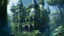 Placeholder: gothic house with balconies and turrets and towers, in a jungle clearing, with dense foliage, pathway and river, Spanish moss, blue sky photorealistic