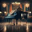 Placeholder: Create a 3D render style poster featuring a beautiful, classical piano viewed from the front and center. The piano has water dripping out from between its keys and leaking onto the floor. The blurry bokeh dim lighted background is a classic 40's night club setting late in the evening with smoke in the room.