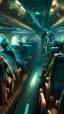 Placeholder: inside a commercial airplane an alien is walking in isle between the seats equipped with scared passengers Bosch painting style