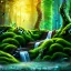 Placeholder: crazy detail, toad on green stairs, magical forest background with water , waterfall, blue but cloudy skies, lively eyes, foliage, gold