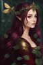 Placeholder: Burgundy hair, dark hair,dark red , rapunzel hair,very long hair,dark fairy princess,elven crown,night,dragonflies,beautiful,ong ashes,golden armor ,sparkle,night blooming,ivy,dark green,lilly of valley,golden elven crown