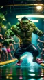 Placeholder: pimp rocker alien orc hulk gremlin diving in water slide in the middle of crazy dance moves dancing on buss parked in dark lit reflective wet jungle hall tunnel,bokeh like f/0.8, tilt-shift lens 8k, high detail, smooth render, down-light, unreal engine, prize winning