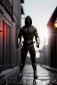 Placeholder: muscular ninja assassin, athletic build, wearing black and gray baggy pants with pockets, black hood and black balaclava mask, big boots, buckles, straps, daggers, dark hazel eyes, eyes are both in proportion and green, 3/4 look, standing, dark cobblestone alley, candle light behind head, intense, lifelike, unreal engine, photorealistic rendering in the art style of j.scott campbell