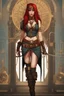 Placeholder: full body and headshot of a skinny Cleopatra, with long straight red hair, dressed as an assassin standing in a steampunk setting.