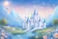 Placeholder: fairy and cosmic landscape with blue grass, magic plants, sky with light and stars. fairy white castle with diamond