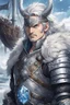 Placeholder: in anime style,1older man, a older man with blue eyes and black hair man in silver Viking armor with fur around the neck with blue crystal on his chest holding an axe in his hands standing on a pirate ship in the artic, warrior in anime style,