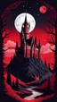 Placeholder: The Midnight Keep, Gothic Castle on the Red Bluffs, a crimson nightfall, stars, Red Full-Moon, red mountains and landscape,, gothic, haunting made with layered paper cut outs vector