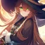 Placeholder: Clear focus,High resolution, brown long fluffy hair, long fluffy bangs, green eyes, wearing a witch outfit, extreme close up, front hair cover eyes, holding hat