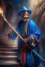 Placeholder: old Will Smith as wizard on donkey walking with a stick up the stairs to heaven, 4 k, down-light, soft light, depth of field, photo realism, trending on art station, high detail, spray paint