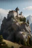 Placeholder: Castle on the side of a Mountain with a huge round rock on its side