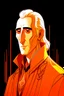 Placeholder: A portrait of Christopher Lee in his thirties as an elf mage, dressed in an expensive orange medieval shirt, in the style of Genndy Tartakovsky, long pointy elven ears, dark background