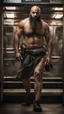 Placeholder: full figure photography of an ugly dirty arab burly muscular beefy strong man 47 years old with raided beard, shaved hair,, manly chest, hairy , ajar mouth, photorealistic ,shirtless, bulging shorts, side light, inside a crowded subway station , neon lights