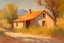 Placeholder: sunny day, mountains, trees, dirt road, countryside, nostalgy influence, adobe house, wilfrid de glehn and rodolphe wytsman impressionism paintings