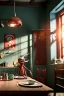 Placeholder: Kitchen scene with a red big moppet monster, realistic photo, Tim burton style, concept art, smooth, unreal engine 5, god lights, ray tracing, RTX, lumen lighting, ultra detail, volumetric lighting, 3d.