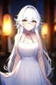 Placeholder: girl, masterpiece, best quality, cinematic lighting, detailed outfit, vibrant colors, perfect eyes, golden eyes, long hair, white hair, messy hair, hair between eyes, depth of field, ray tracing, halterneck, dress,