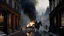 Placeholder: dusting of snow, Victorian London Street in ruins, flames and smoke billows from smashed windows, a horse is running down the road in flames Apocalyptic, photo-realistic, widescreen, cinematic,