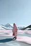 Placeholder: Fashion film in the icefields of Patagonia, a stunning supermodel in an incomplete Astronaut pink bronze suit discover the icefields and giant iceblocks and icebergs using stunning poses we can see her face through the glass . Supreme landscape, inticate background and a minimalist composition that creates a great megalophobia effect. Old lens, old Kodak vision filmstock, 1600 iso.