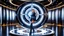 Placeholder: picture of a very huge real working physic based gyroscope with mirror surfaces in a inter star environment ,a very pretty lady with modern future clothing boots standing on main turning disk of gyroscope.1x1.