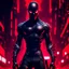 Placeholder: Masked male assassin in a tight bodysuit, in 8k, nier automata drawing style, venom theme, cinematic, cyberpunk background, red lighting