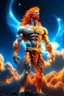 Placeholder: full body picture of a slim muscular god with galaxy's in his eyes, glowing orange hair that looks like it's made of the sun, a light gray body made of clouds with glowing cracks of orange within it in cloud patterns, he wears greek god like clothing that looks as if it's made of ice and water. realistic 4k