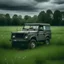 Placeholder: A gray Land Rover in a green meadow with stove ashes next to it