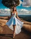 Placeholder: full-body closeup shot of a young, beautiful girl with a perfect face and makeup,wearing pretty dance dress standing in a stage in open air nice hills , blue sky ,pretty clouds at distant