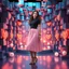 Placeholder: make a picture pretty stage made of metallic blue-gray teme 3d recursive cubic and sphere and heart simbol lights s base structures and a beautiful fashion model lady standing with cute in scene with sexy top and pretty pleated midi skirt ,makeup curvy long hair,dynamic camera zoom to full body and pan, dynamic lights.