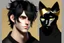 Placeholder: man with messy black hair, gold eyes, large black cat ears on his head, realistic