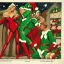 Placeholder: two elves. woman and man. Christmas scene. poster. marvel comic. low-key