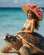 Placeholder: Best angle view photoshoot full body beautiful Supermodel sitting on ridding Big large turtle,she wearing luxurious shimmer hat large made from borroque elements flowers sea, sea shore.Sony Alpha 7 50mm realistic photography