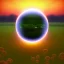 Placeholder: blue sphere on the left, green meadow, sunset, photorealistic, 8k