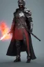 Placeholder: A warrior with a matte black combat helmet and eyes with bright blue flaming pupils, a black cape and a long coat with long combat boots and a long, sharp and fiery spear and with his helmet under his cape and two blue flames instead of eyes