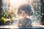 Placeholder: double exposure, only dots and pebbles, cute chibi anime girl, fountain, garden, ice flowers on a window in sunshine, backlit, ethereal, cinematic postprocessing, bokeh, dof