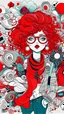 Placeholder: "Artistic and fashionable doodle art illustration, filled with abstract characters, surreal faces, funky patterns, and fractal curly red-haired woman elements, stylish, wearing red glasses, boots, Korean style clothes, and accessories. The doodles are dense yet well-composed, using a bright and bold color palette. The background is a pale white paper texture, which gives the impression of a hand-drawn sketch. A perfect blend of modern street fashion and imaginative doodle creativity, high resolu