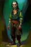 Placeholder: 1970's dark fantasy cover dnd style oil painting of a hobo woman gipsy elf with sport outfits with minimalist far perspective. Magazine.